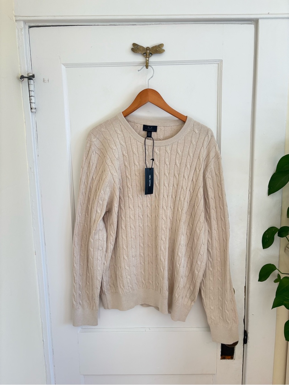 Magaschoni Men’s Cable Knit Crewneck Pullover Cotton Sweater Large